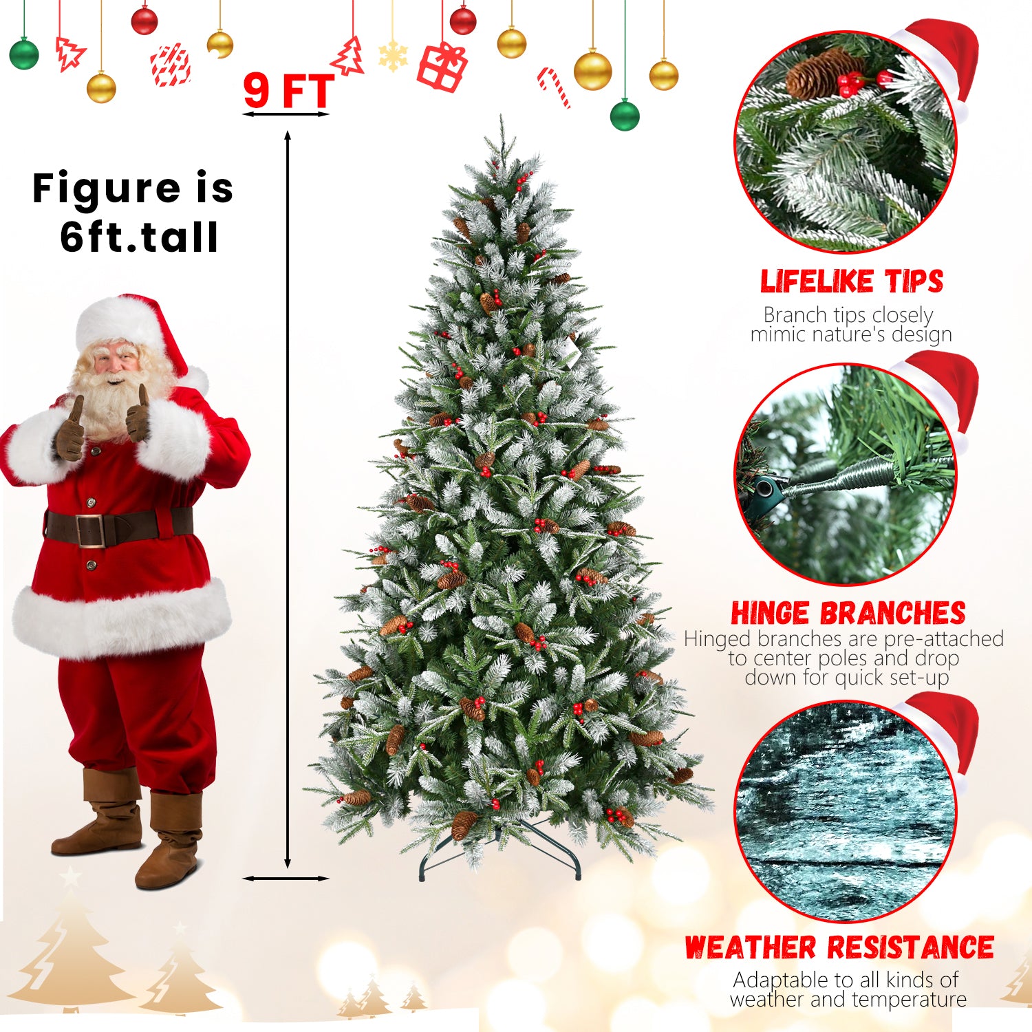 PE/PVC Christmas Tree with Red Berries & Pine Cones – 4ft to 9ft | Realistic Holiday Tree