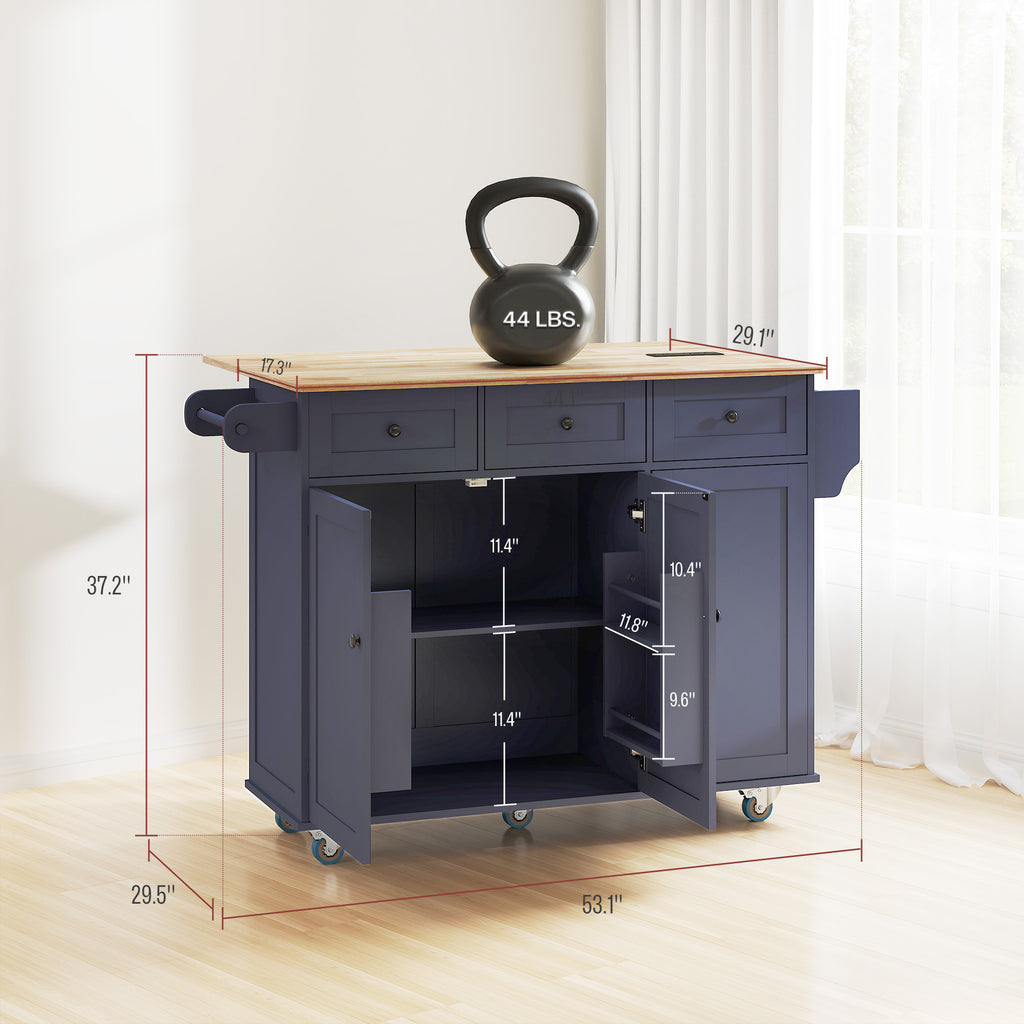 Navy blue kitchen island with wooden top, kettlebell, and dimensions displayed.