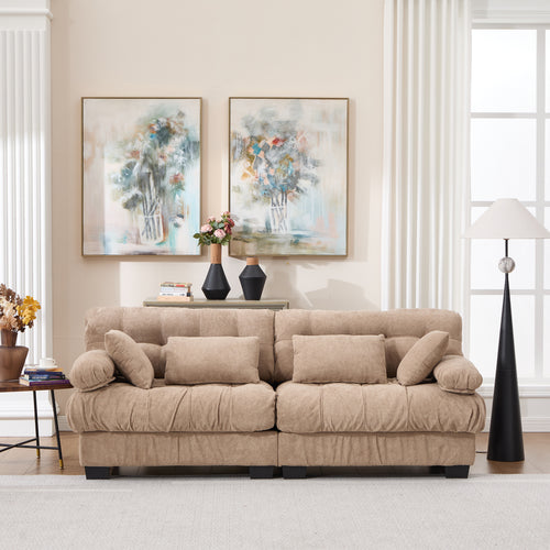 2-Seater Light Brown Modular Cloud Loveseat – Deep Seat Flannelette Sofa with 4 Pillows