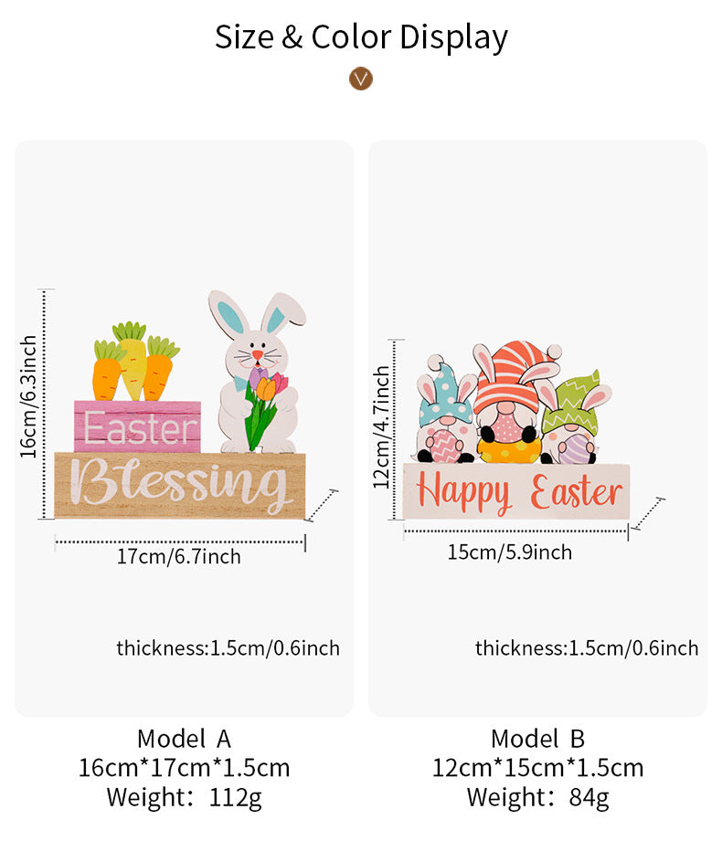 Measurement chart comparing two Easter-themed wooden signs with dimensions and weights.