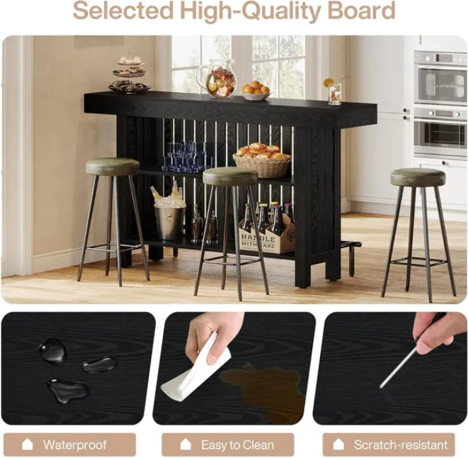 Black slatted wood bar console, 62.99 inches wide and 41.53 inches tall, with lower shelf and footrest rail