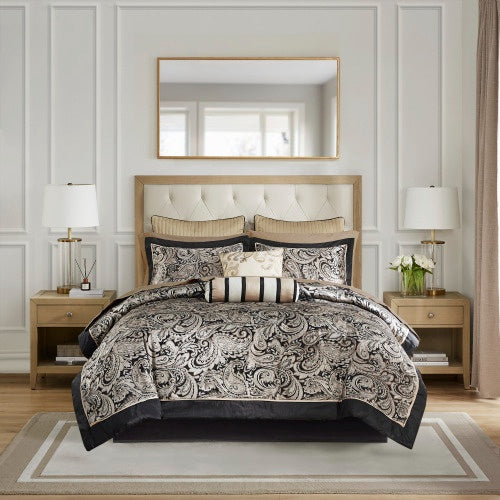 12-Piece Paisley Jacquard Comforter Set with Cotton Bed Sheets – Black, Queen