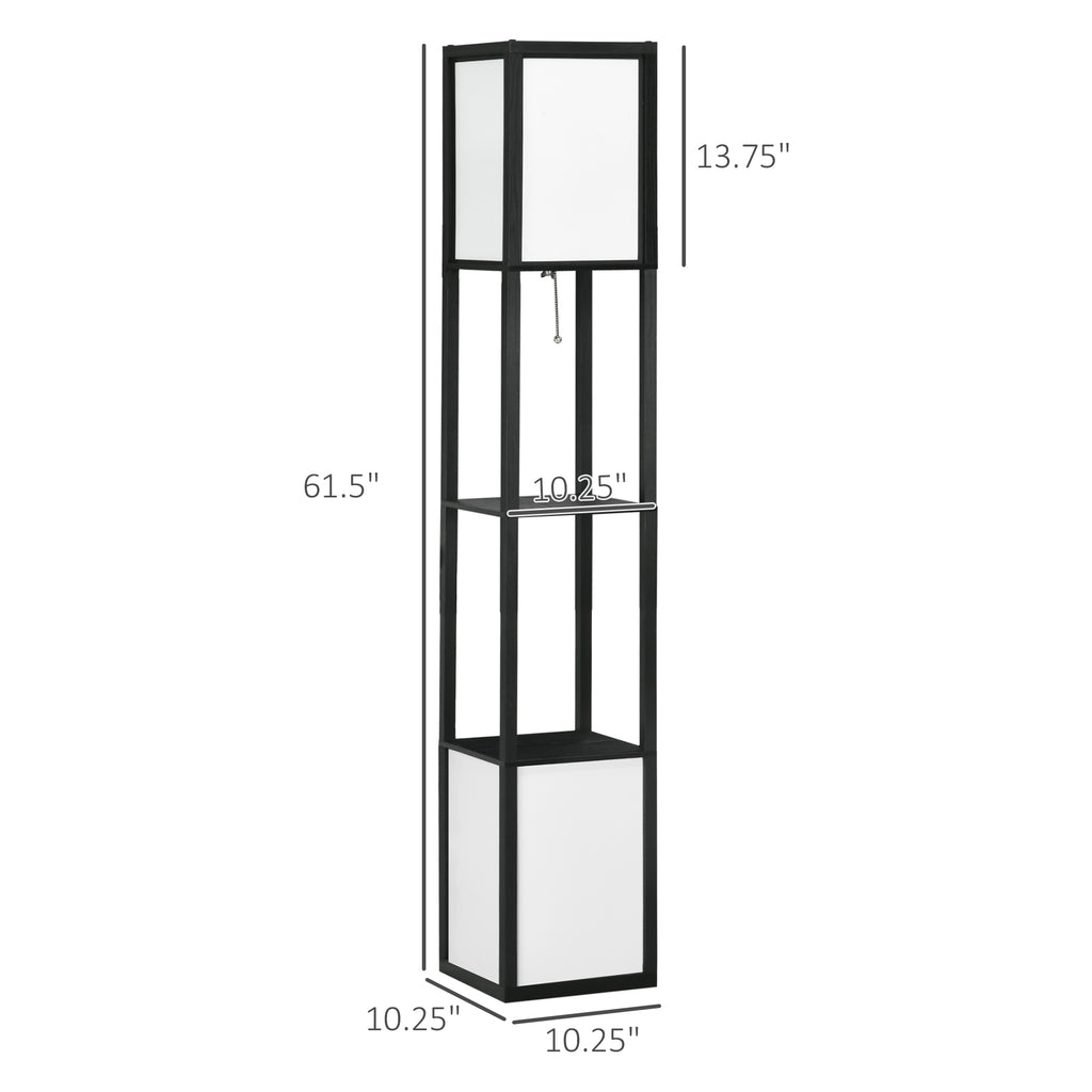 Tall black metal and glass display cabinet with dimensions on a white background