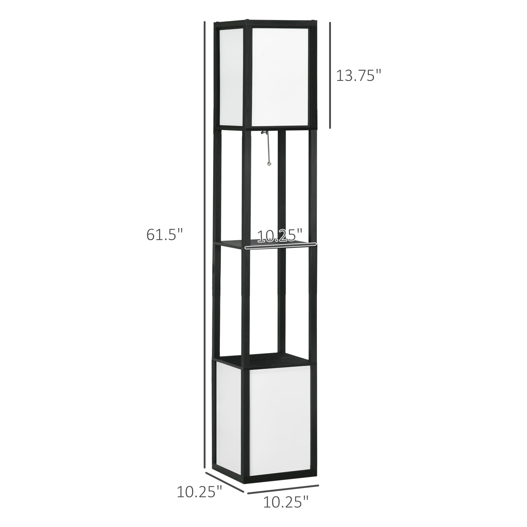 Tall black metal and glass display cabinet with dimensions on a white background
