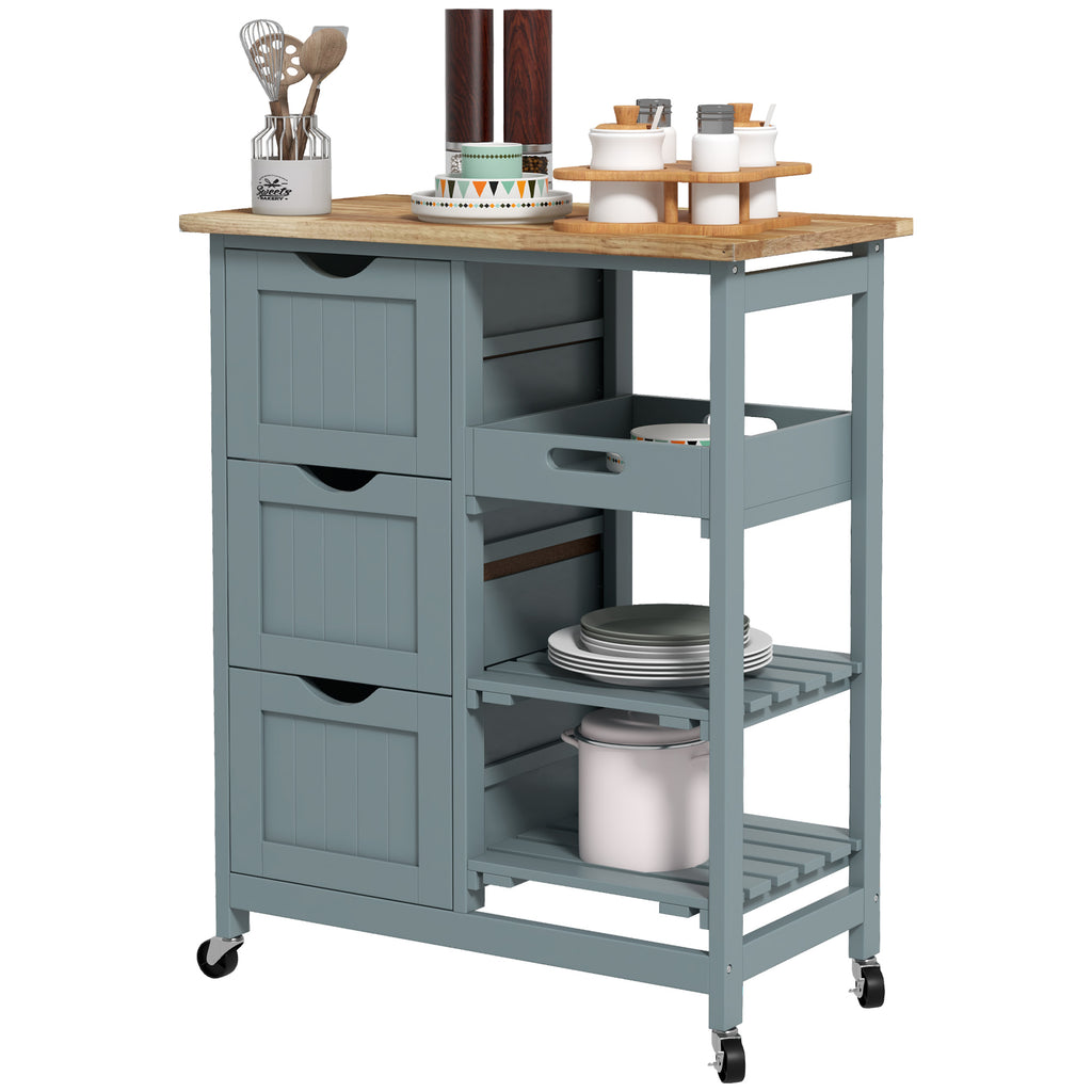 Kitchen cart with wooden top and storage drawers on a white background