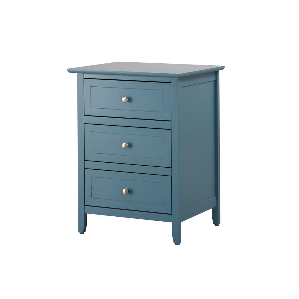 Blue nightstand with three drawers on a white background