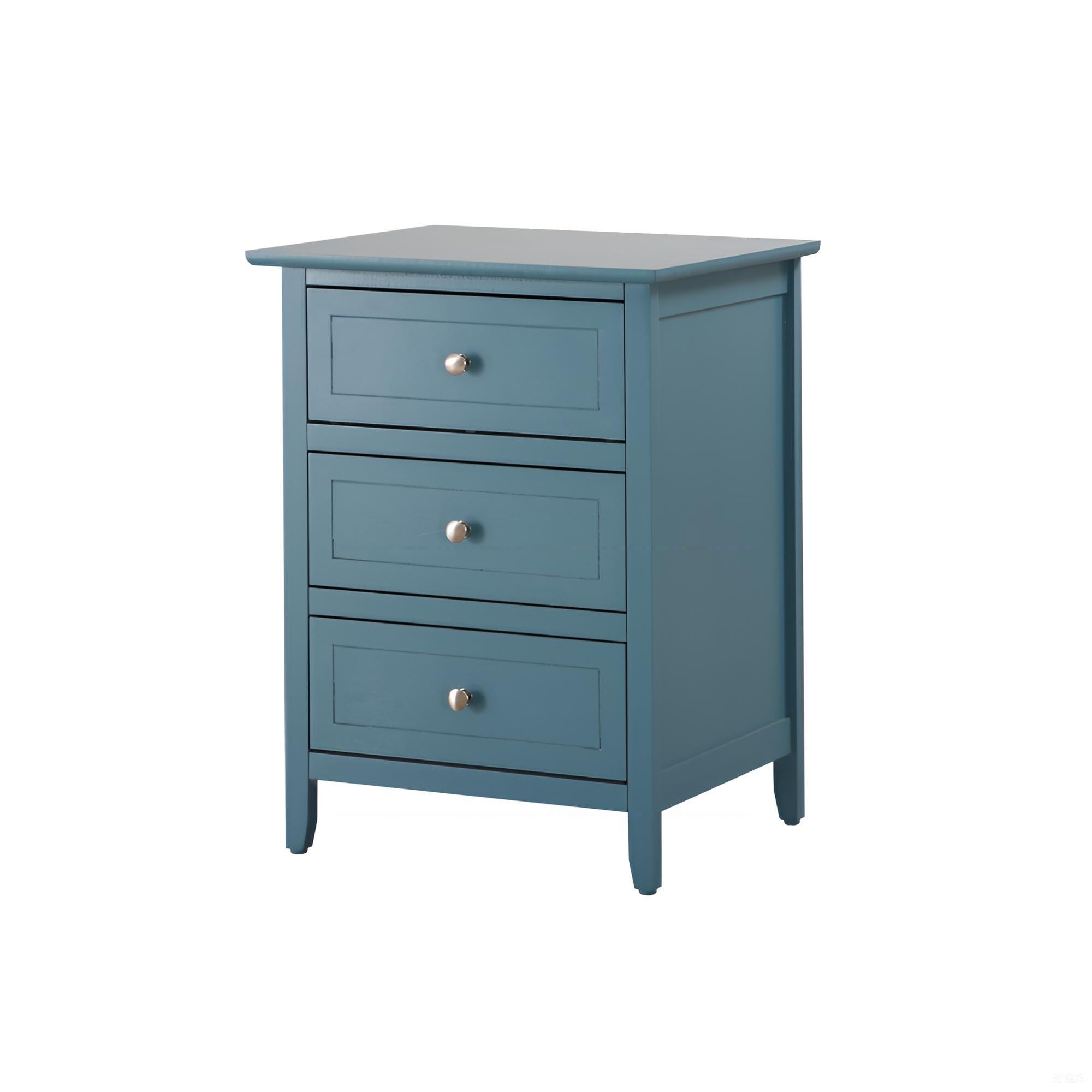 Blue nightstand with three drawers on a white background