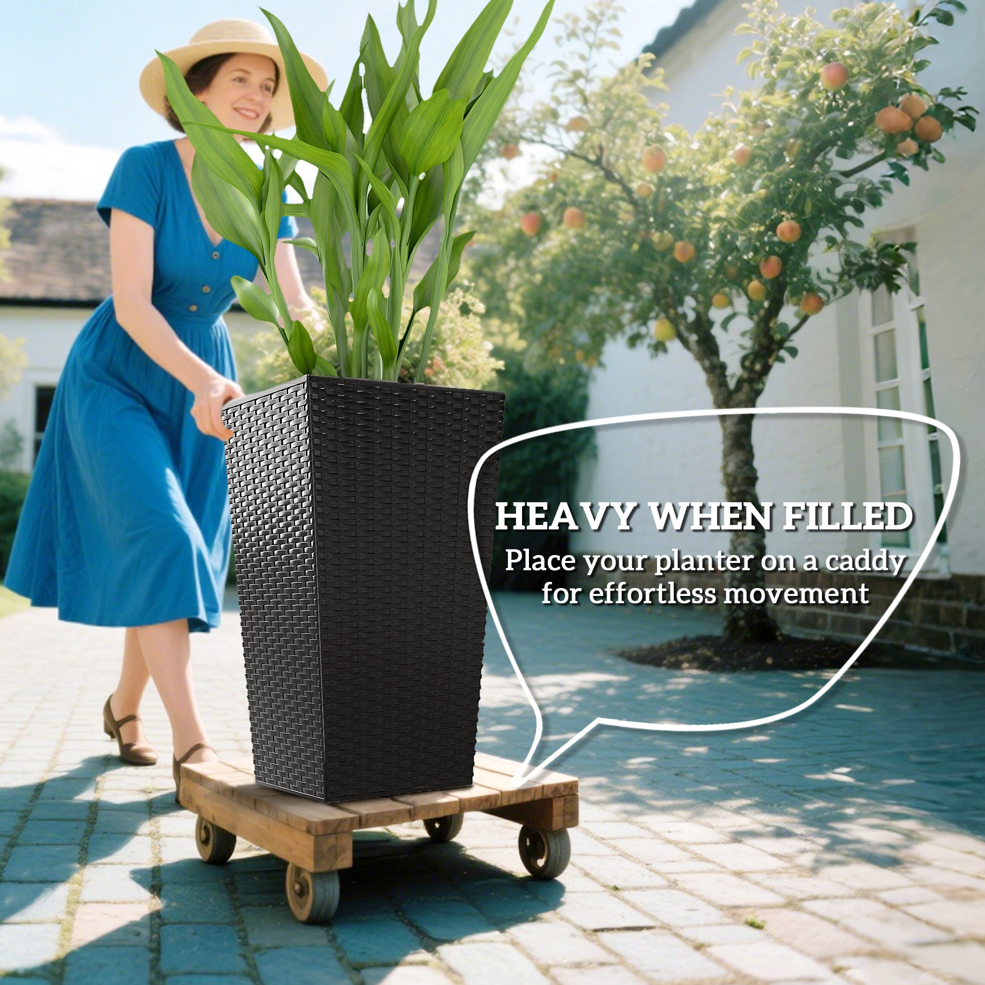 Set of 3 Tall Outdoor Planters | 24" Rattan-Style Tapered Plant Pots with Drainage – Black