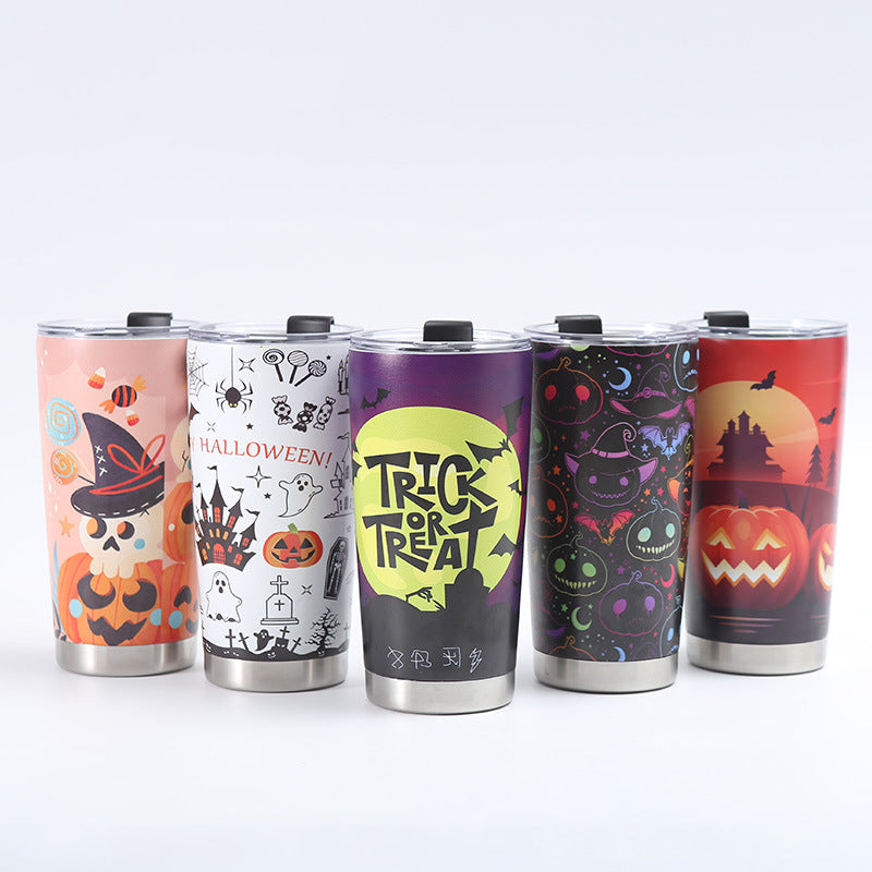 Set of five Halloween-themed tumblers with colorful designs on a white background