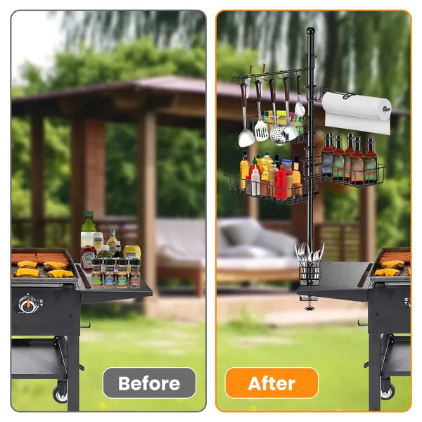 Before and after comparison of a grill setup with additional utensils and bottles on an outdoor patio.