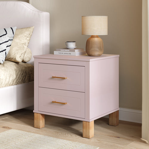 2-Drawer Mid-Century Nightstand with Fluted Design & Solid Wood Legs – Pink