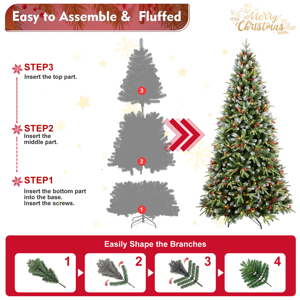 Step-by-step guide to assembling a Christmas tree with illustrations and text.