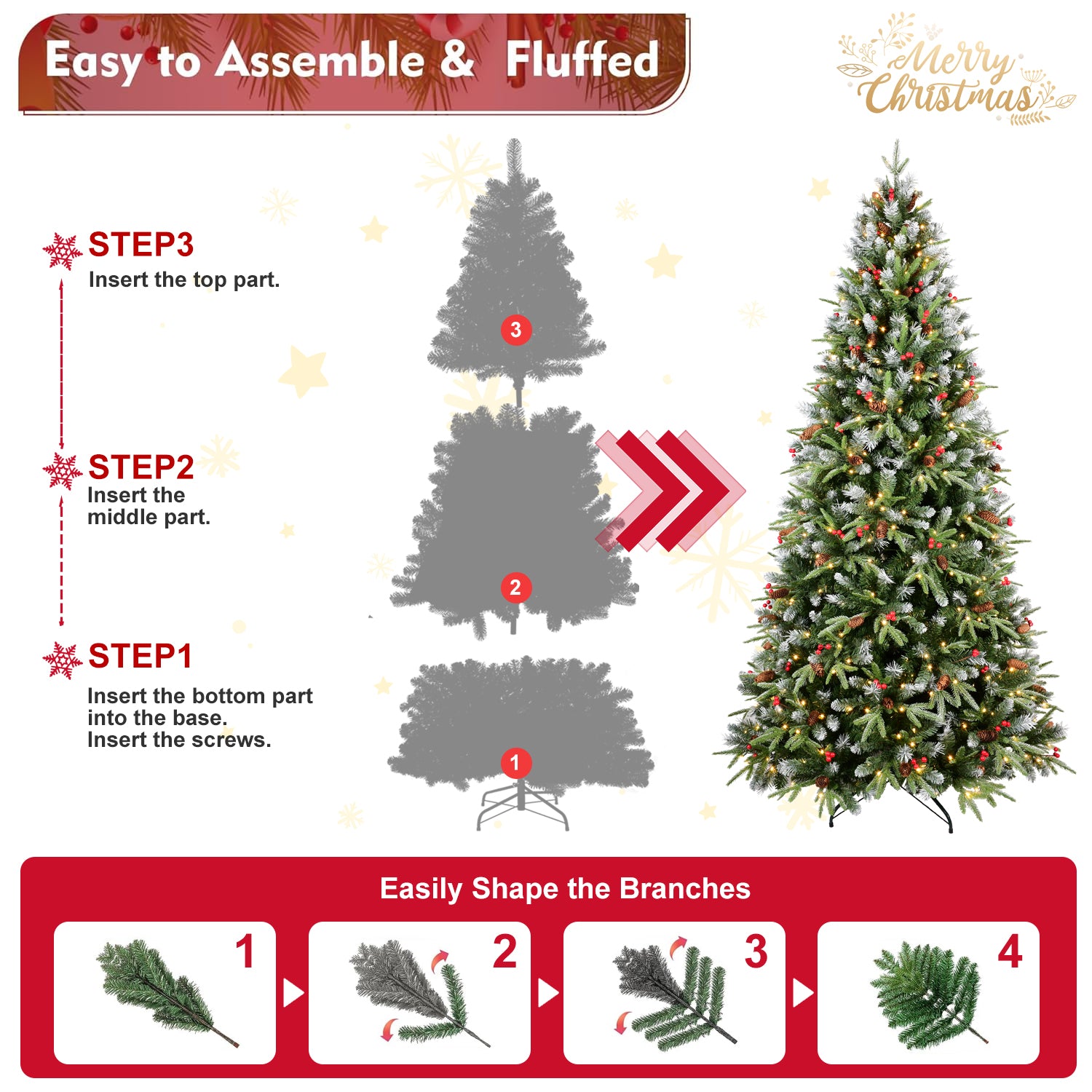 Step-by-step guide to assembling a Christmas tree with illustrations and text.
