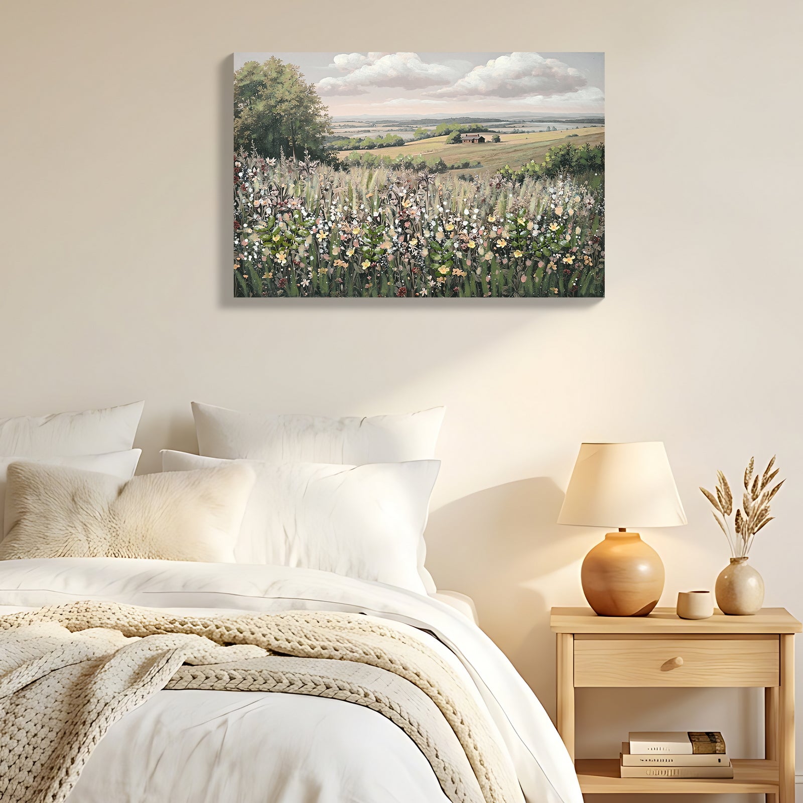 Wildflower Meadow Framed Canvas Wall Art — 3D Floral Inlay, Vintage Landscape | 24x36"