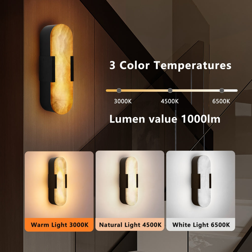 Wall-mounted light fixture with three color temperature options displayed on a dark background.