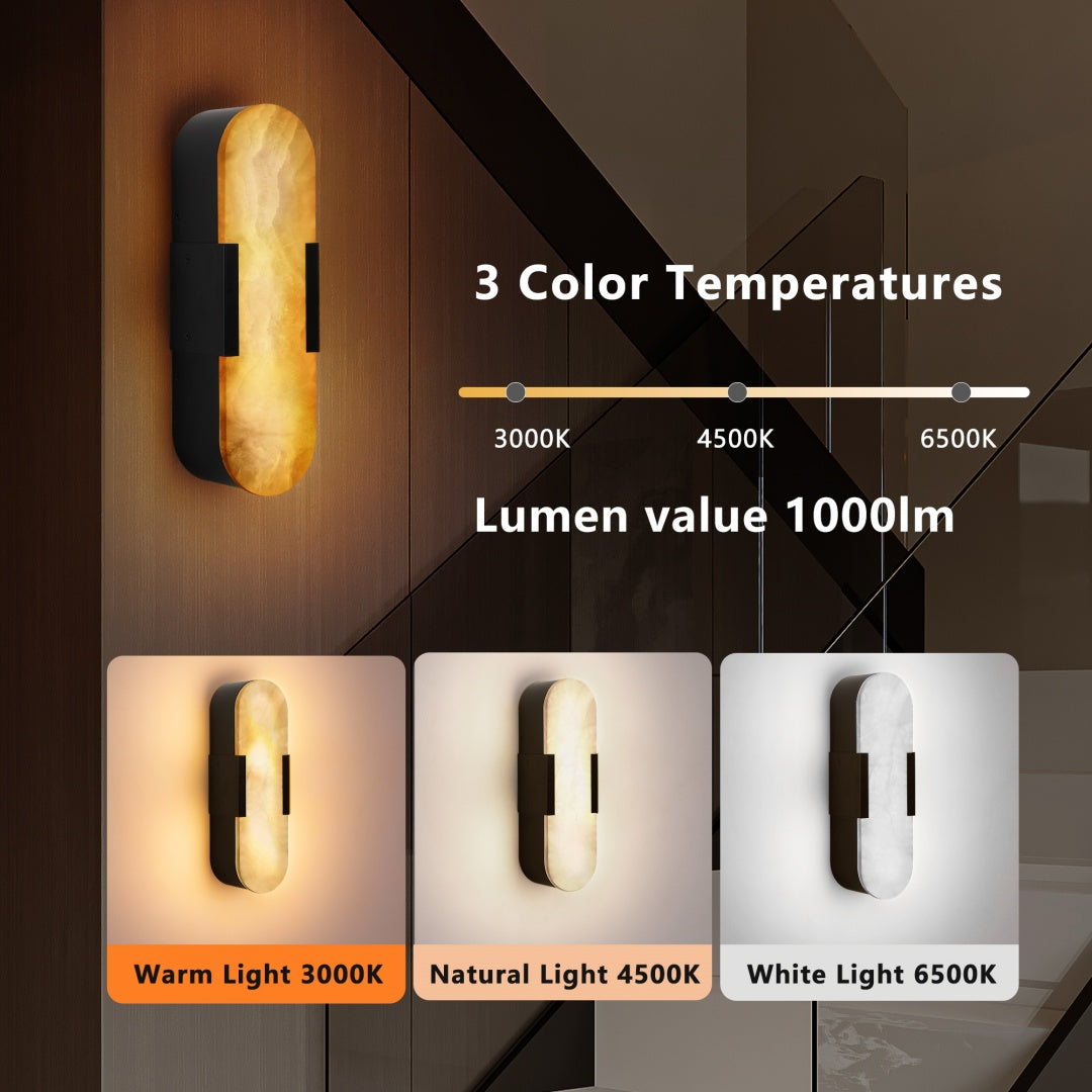 Wall-mounted light fixture with three color temperature options displayed on a dark background.