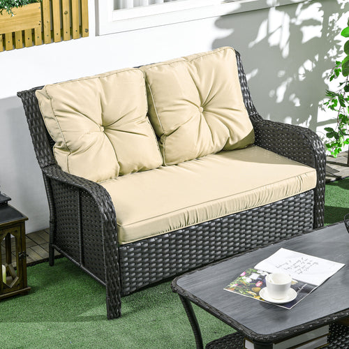 2-Seater Outdoor PE Rattan Sofa with 4" Thick Cushions — Steel Frame, Beige