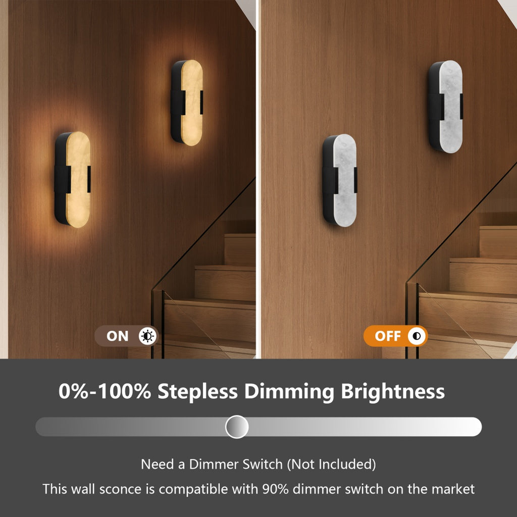 Wall sconces on a wooden wall with dimming controls and brightness slider displayed.