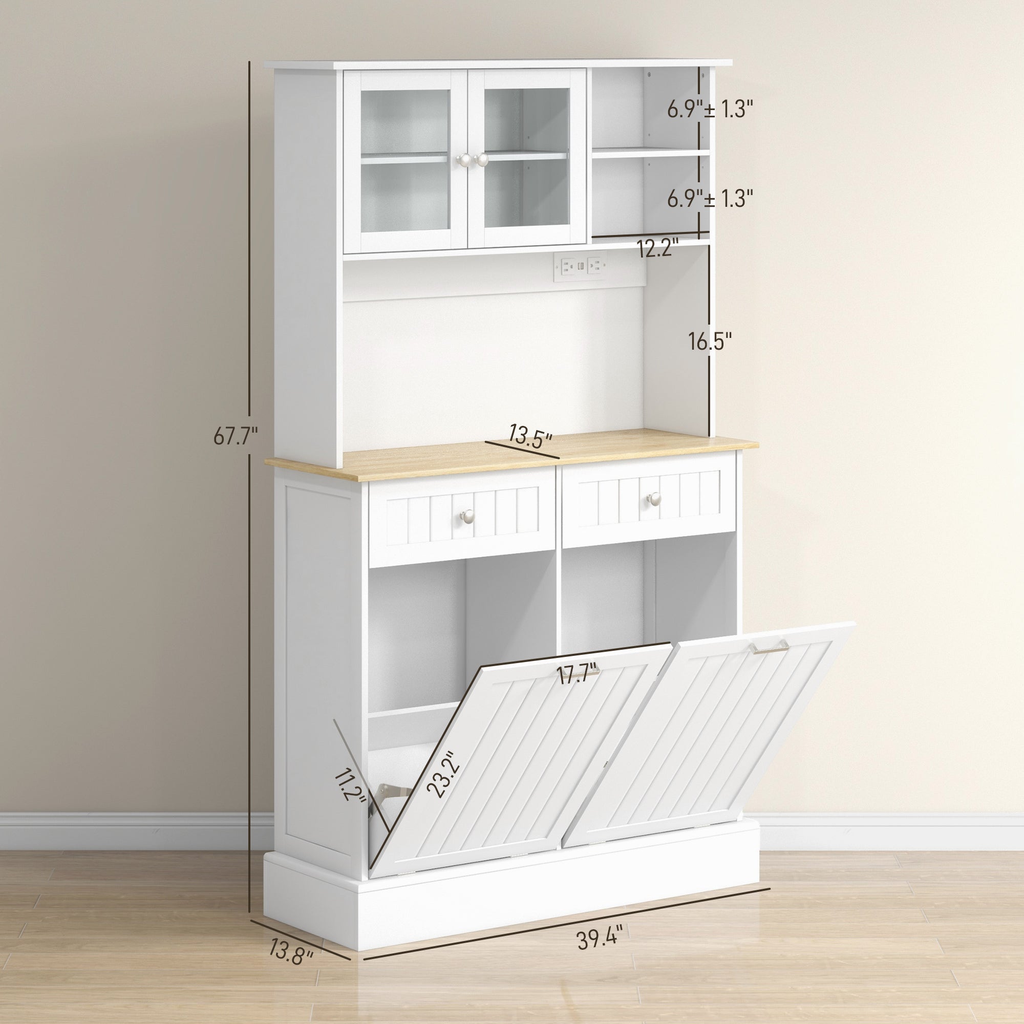 White storage cabinet with dimensions labeled on a neutral background
