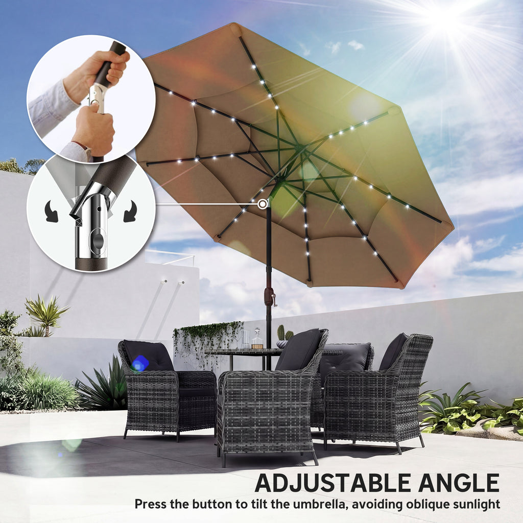 Outdoor patio umbrella with solar lights and adjustable angle feature, set against a clear sky.