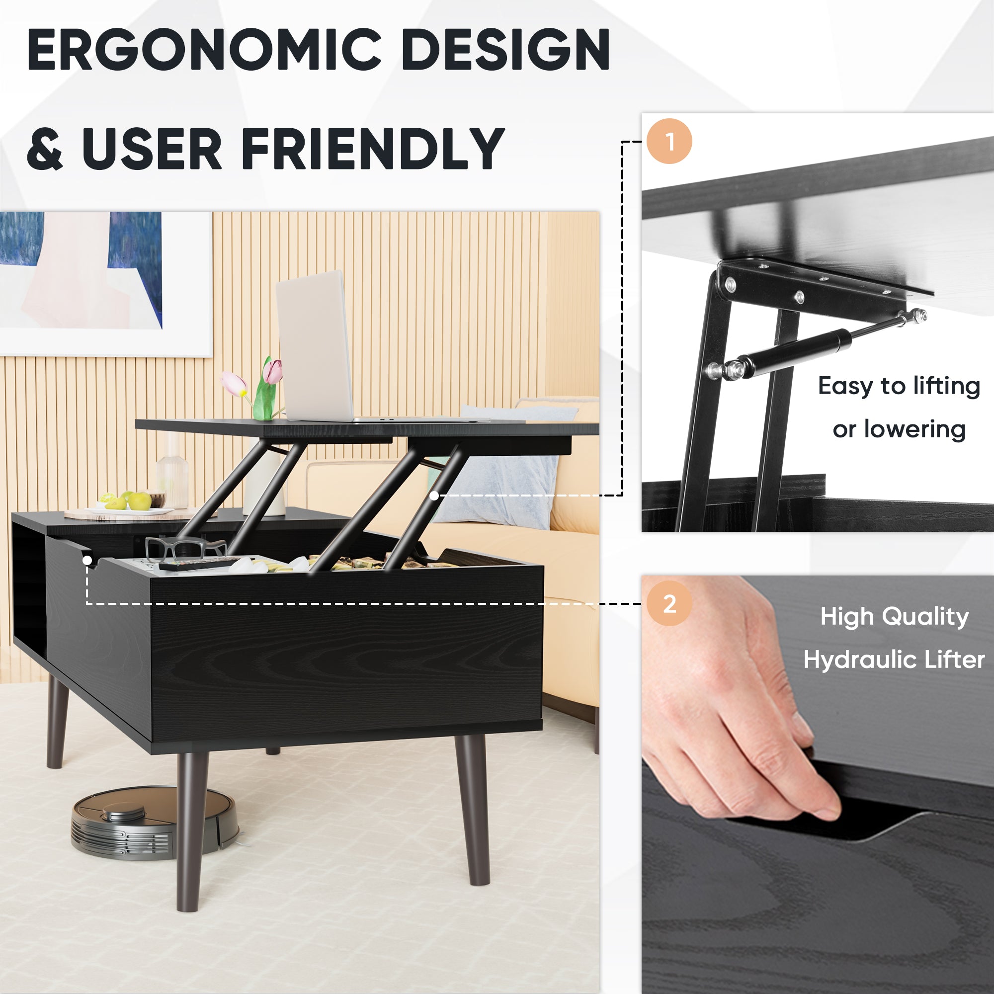 Ergonomic design coffee table with hydraulic lifter in a living room setting