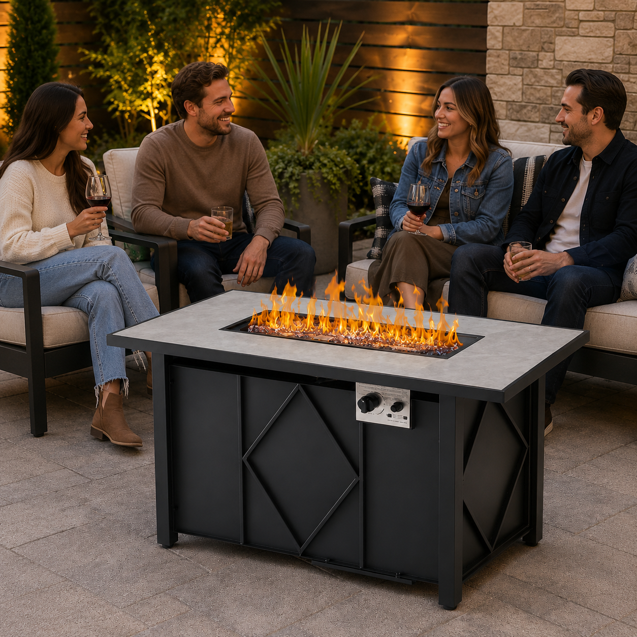 Four people sitting around a fire pit table in an outdoor setting