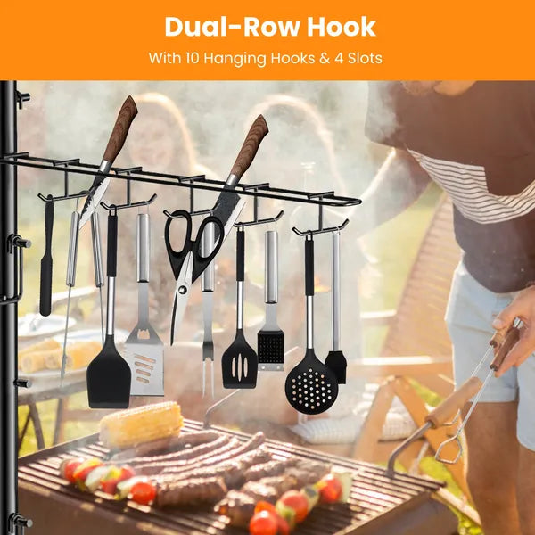 Barbecue grill with hanging kitchen utensils and a dual-row hook with 10 hooks and 4 slots in the background.