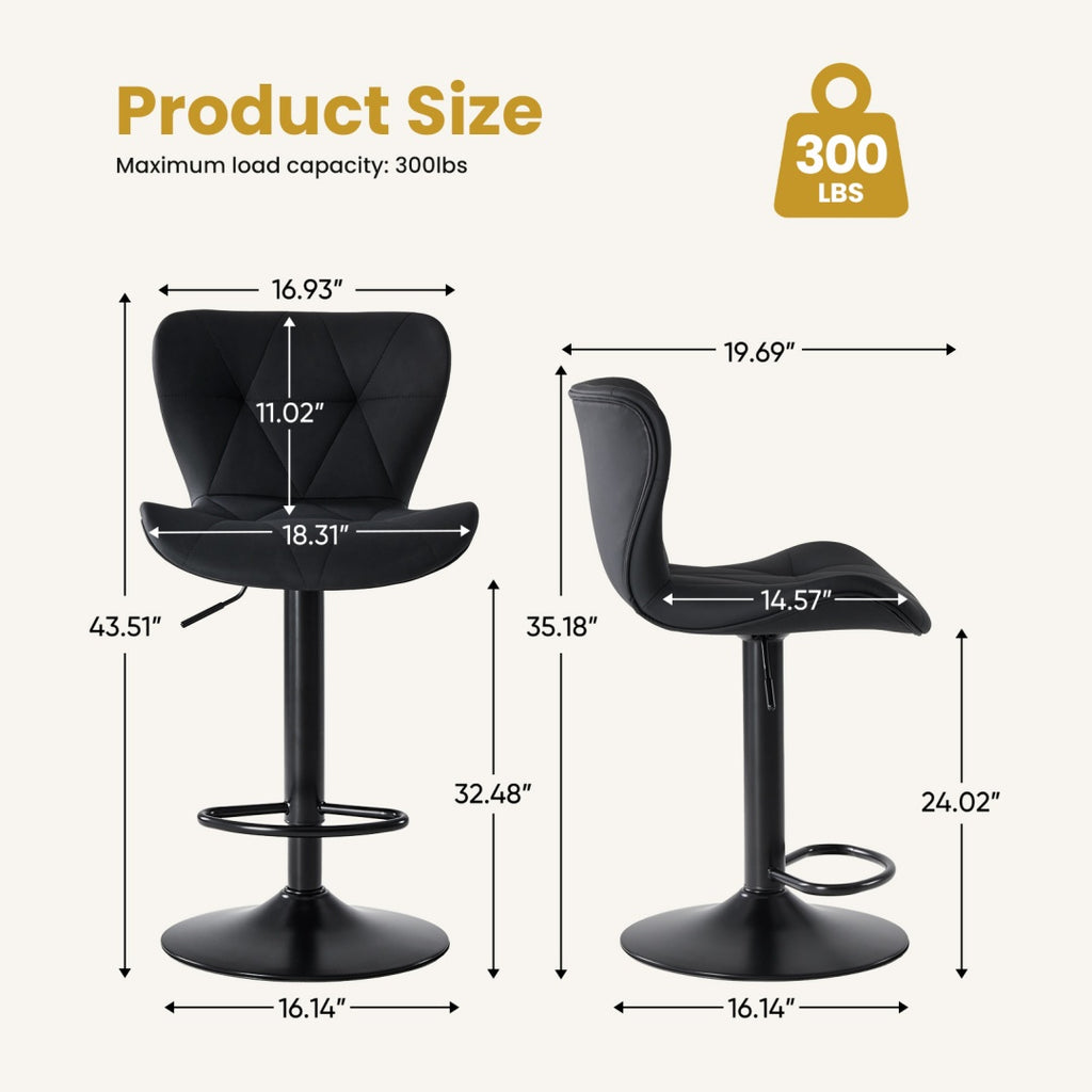 Two swivel bar stools with cushioned seats positioned at a modern kitchen island with wood cabinetry