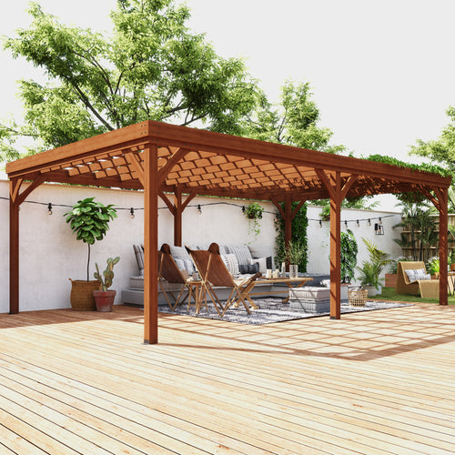 12’ x 20’ Fir Wood Outdoor Pergola – Open Roof Grape Vine Trellis with Ground Anchors, Brown