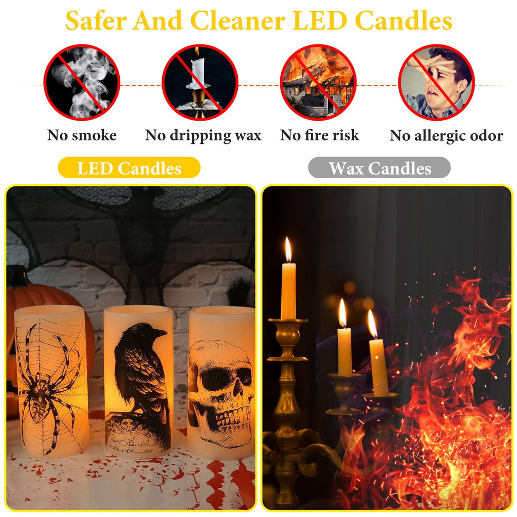 Comparison of LED candles and wax candles with safety benefits and visual differences.