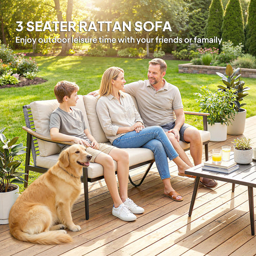 3-Seat Outdoor Wicker Sofa – Wood-Effect Armrests, Cut-Out Backrest & Cushions, Khaki