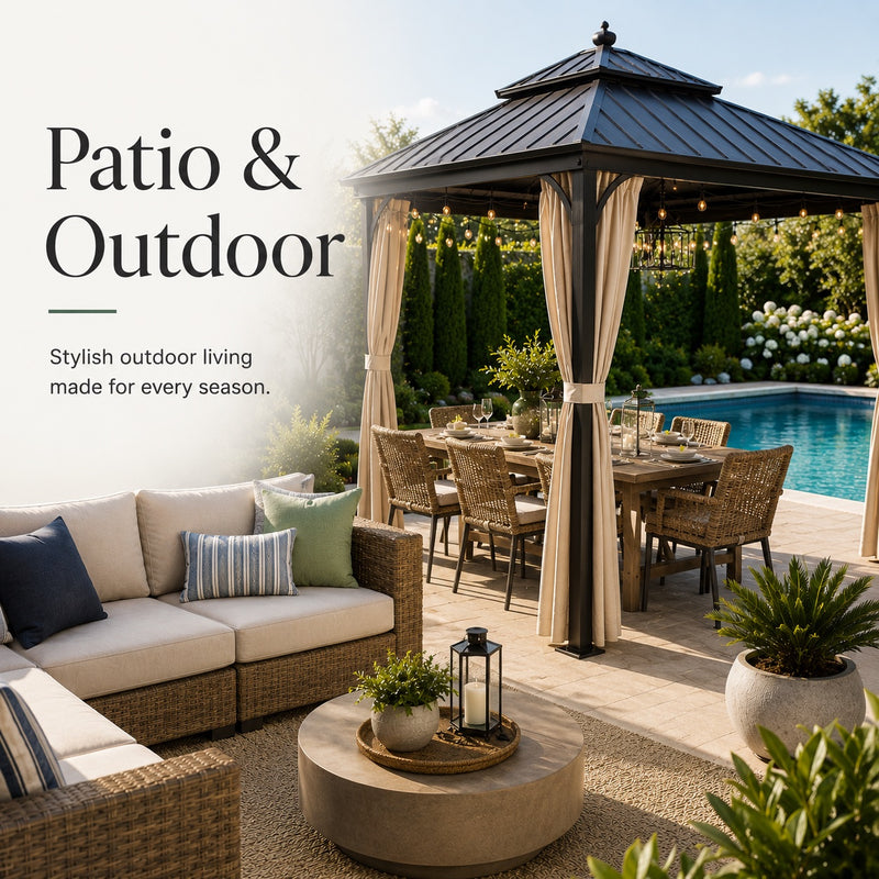 Outdoor patio setting with furniture, gazebo, and pool in the background.