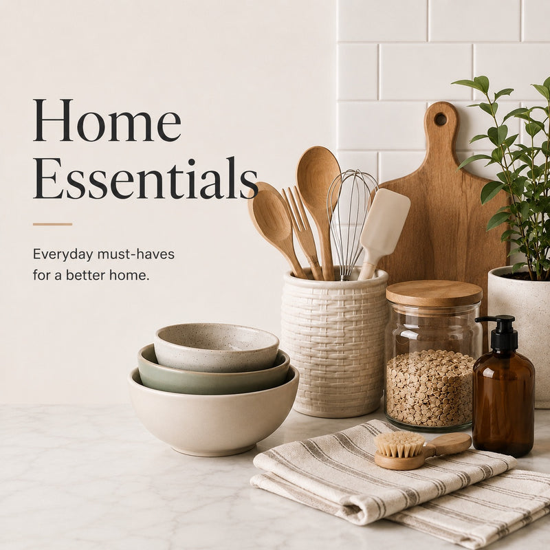 Kitchen counter with home essentials including bowls, utensils, and jars.