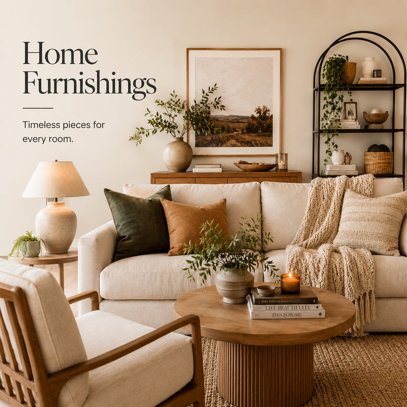 Living room with home furnishings including a sofa, armchair, coffee table, and decorative items.