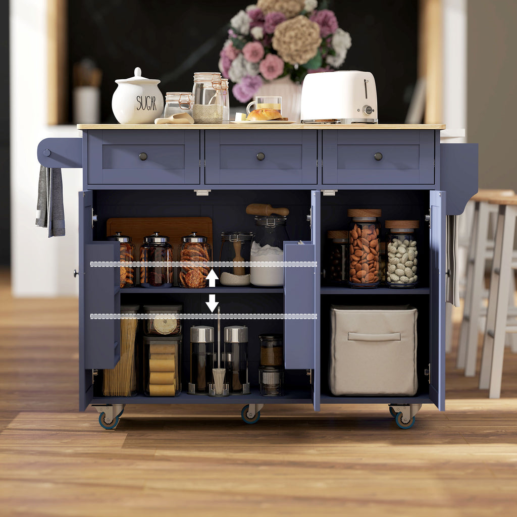 Blue kitchen cart with storage compartments and kitchen items in a room setting.