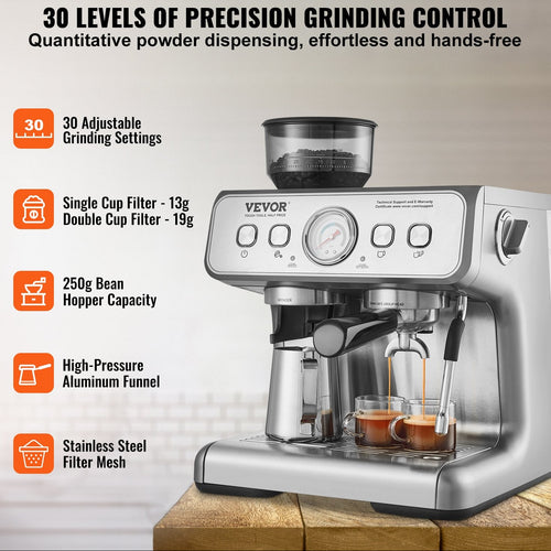 15-Bar Semi-Automatic Espresso Machine with Built-In Grinder, Milk Frother & PID Control