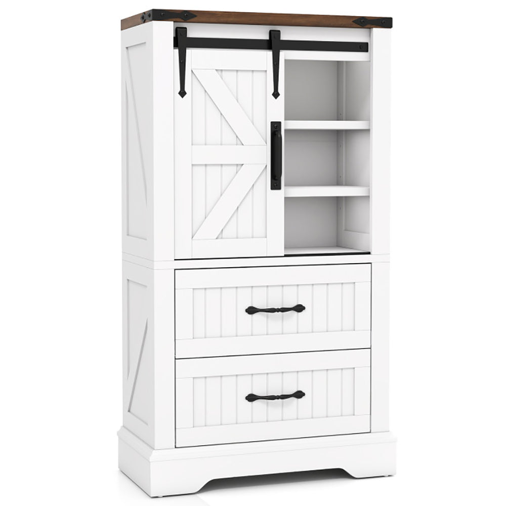 White storage cabinet with a barn door style design on a white background