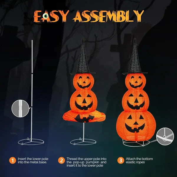 Halloween-themed paper lanterns with assembly instructions on a dark background