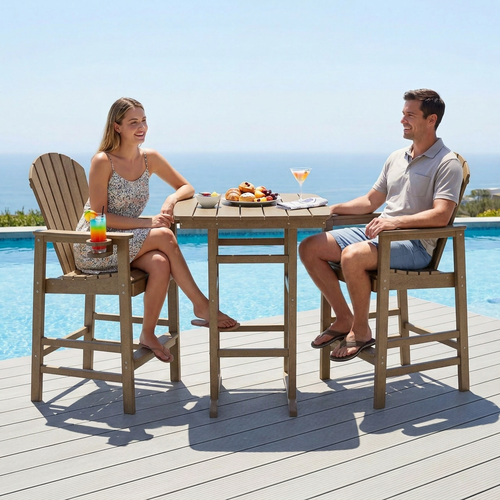 3-Piece Outdoor Bar-Height Bistro Set | HDPE High Top Table & 2 Bar Chairs – Driftwood Reclaimed Barnwood