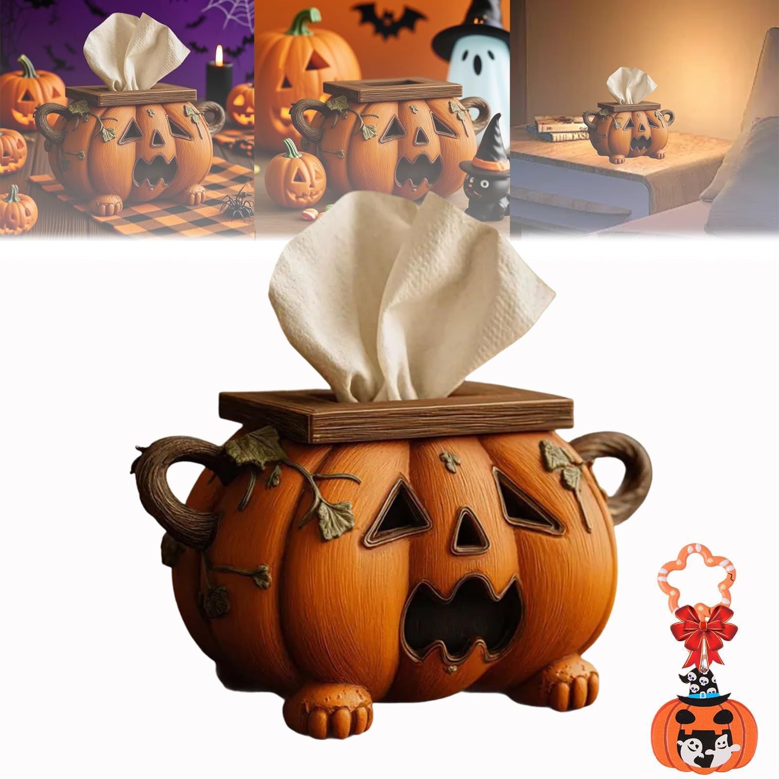 Halloween-themed pumpkin tissue box with carved face on a white background
