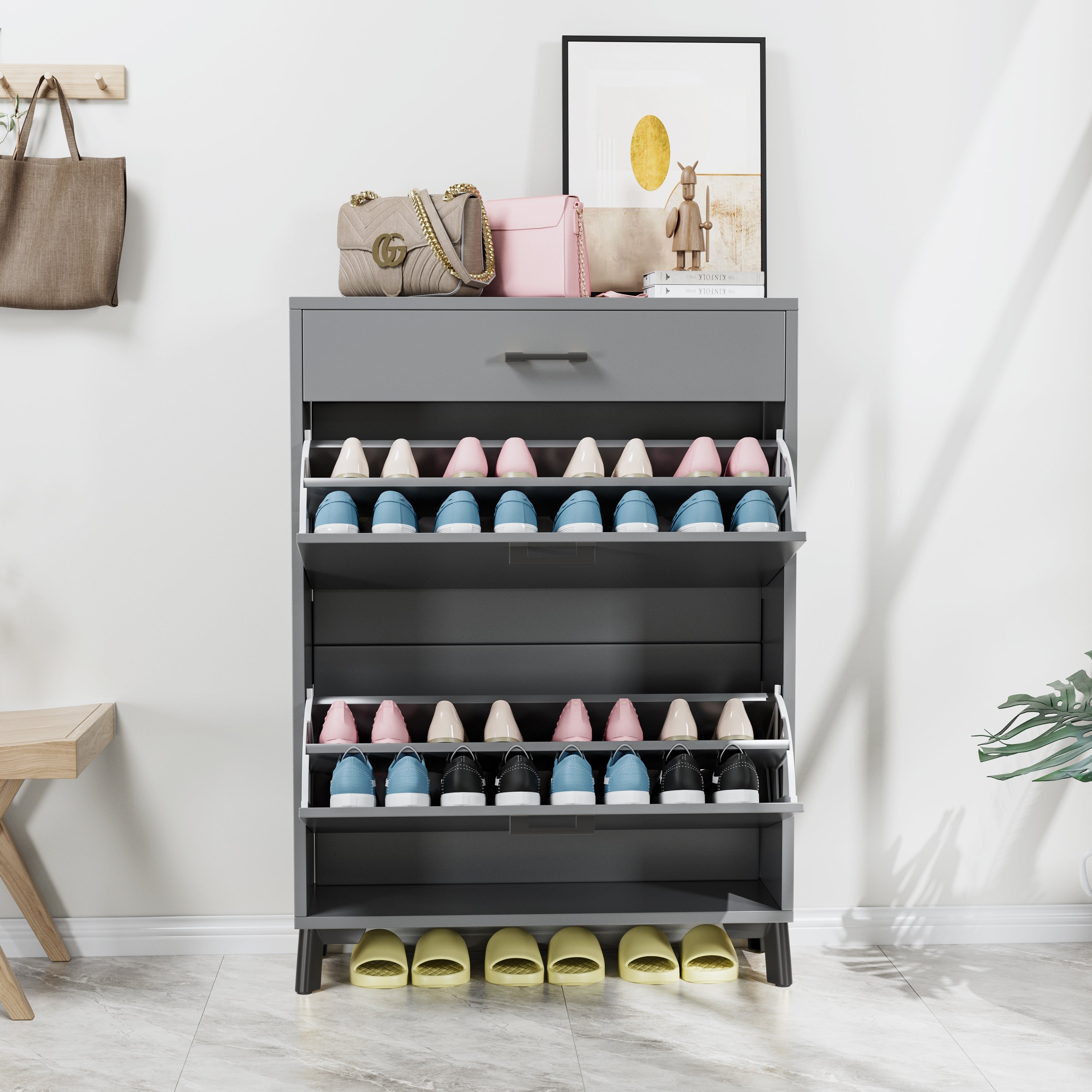 Gray shoe cabinet with multiple shelves filled with shoes in a room setting.