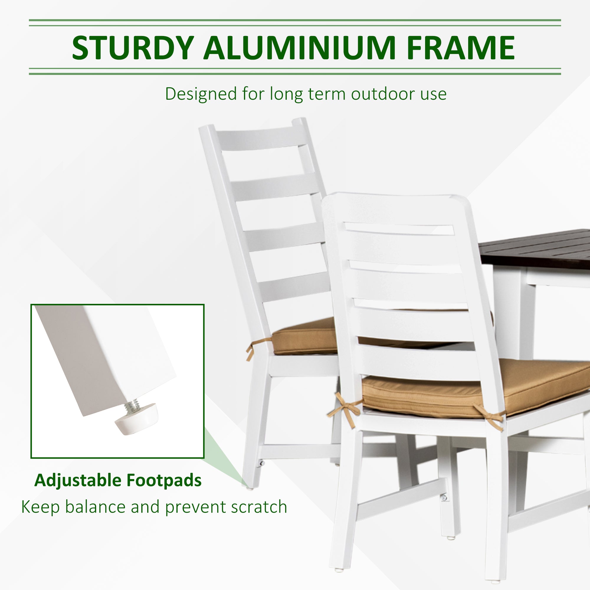 White chairs with brown cushions on a table, featuring a sturdy aluminium frame and adjustable footpads.