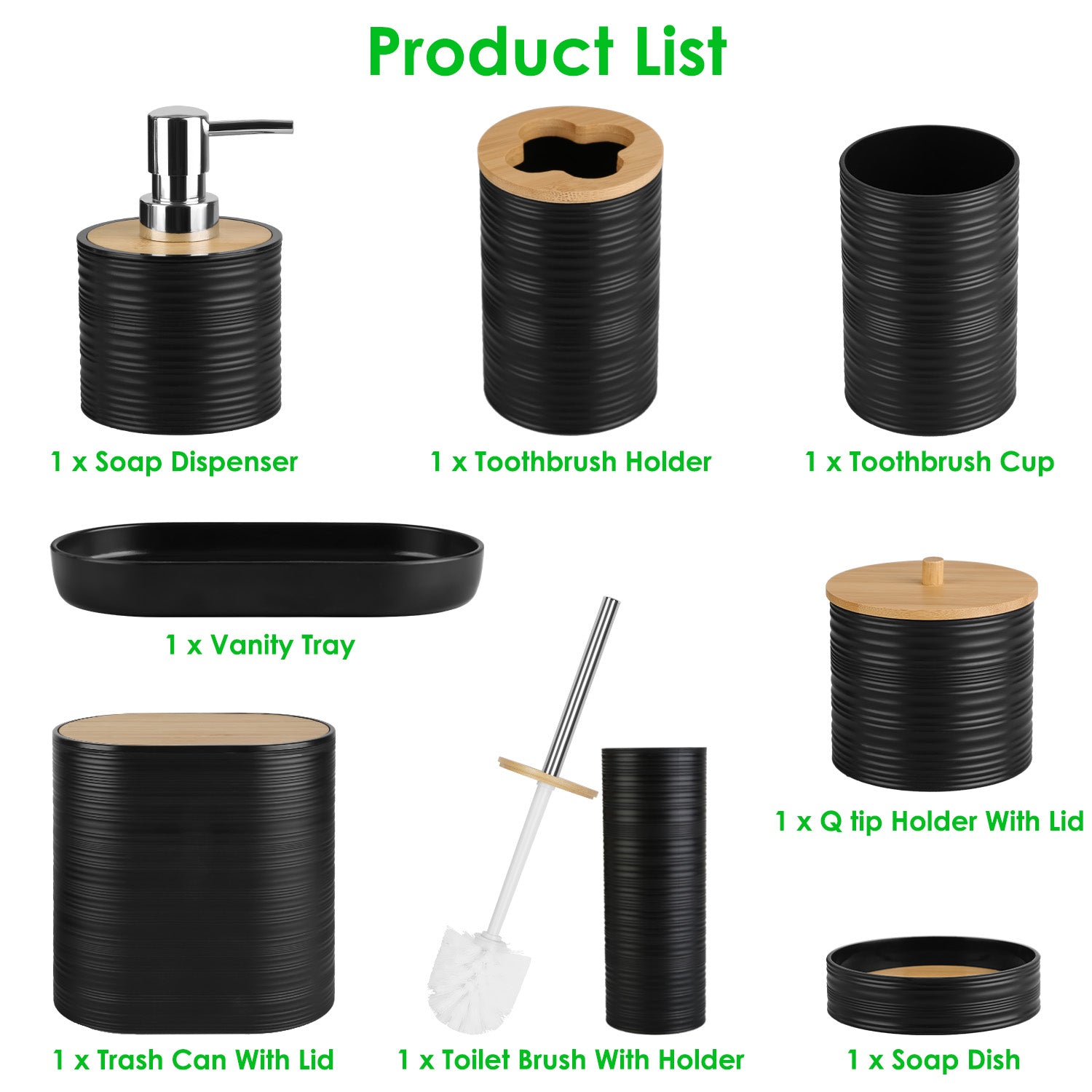 8-Piece Bathroom Accessories Set with Soap Dispenser, Toothbrush Holder, Trash Can & More – ABS & Bamboo