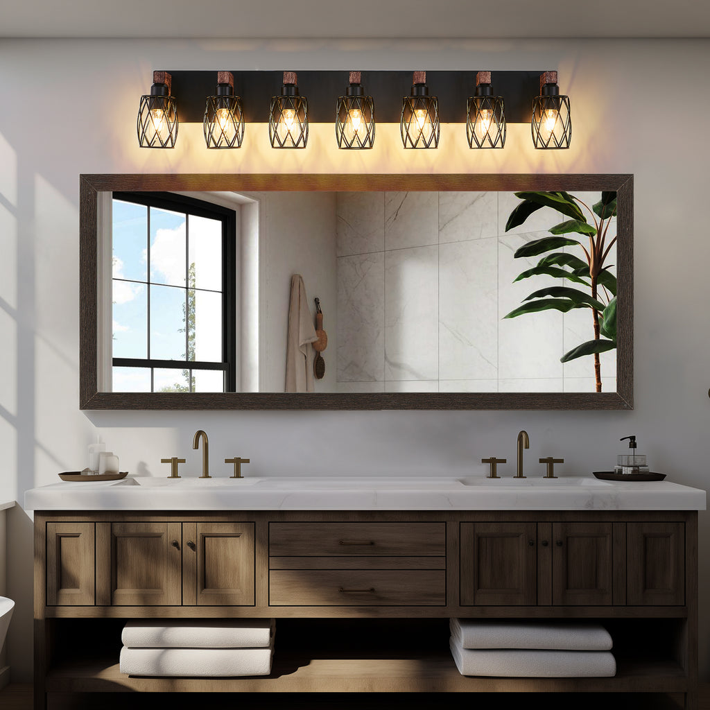 Bathroom vanity with large mirror, lights, and decor