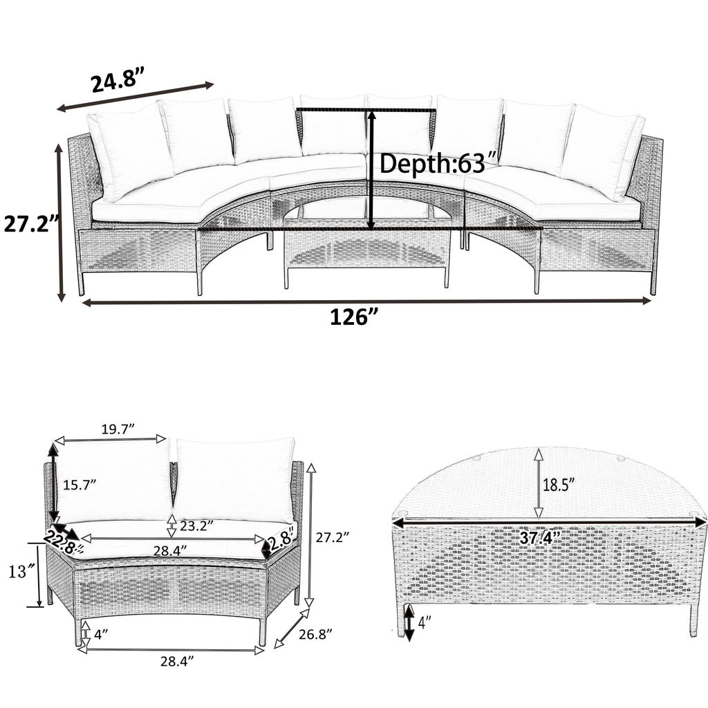 Dimensions of a patio furniture set with various measurements labeled.