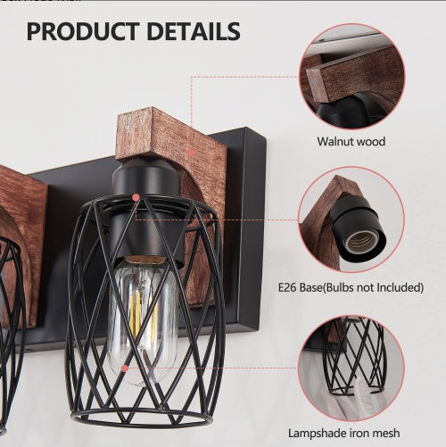 18" Industrial 3-Light Wall Sconce | Black Cage & Walnut Wood Vanity Light
