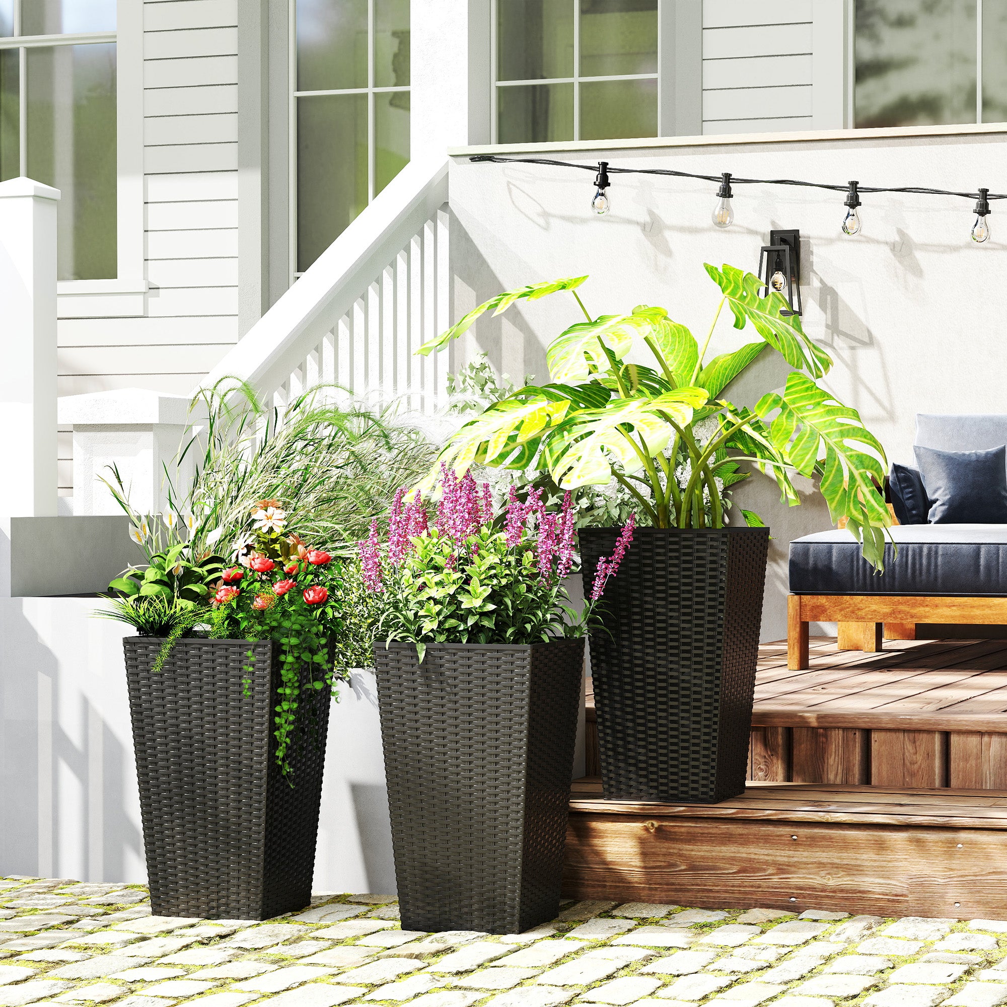 Set of 3 Tall Outdoor Planters | 24" Rattan-Style Tapered Plant Pots with Drainage – Black