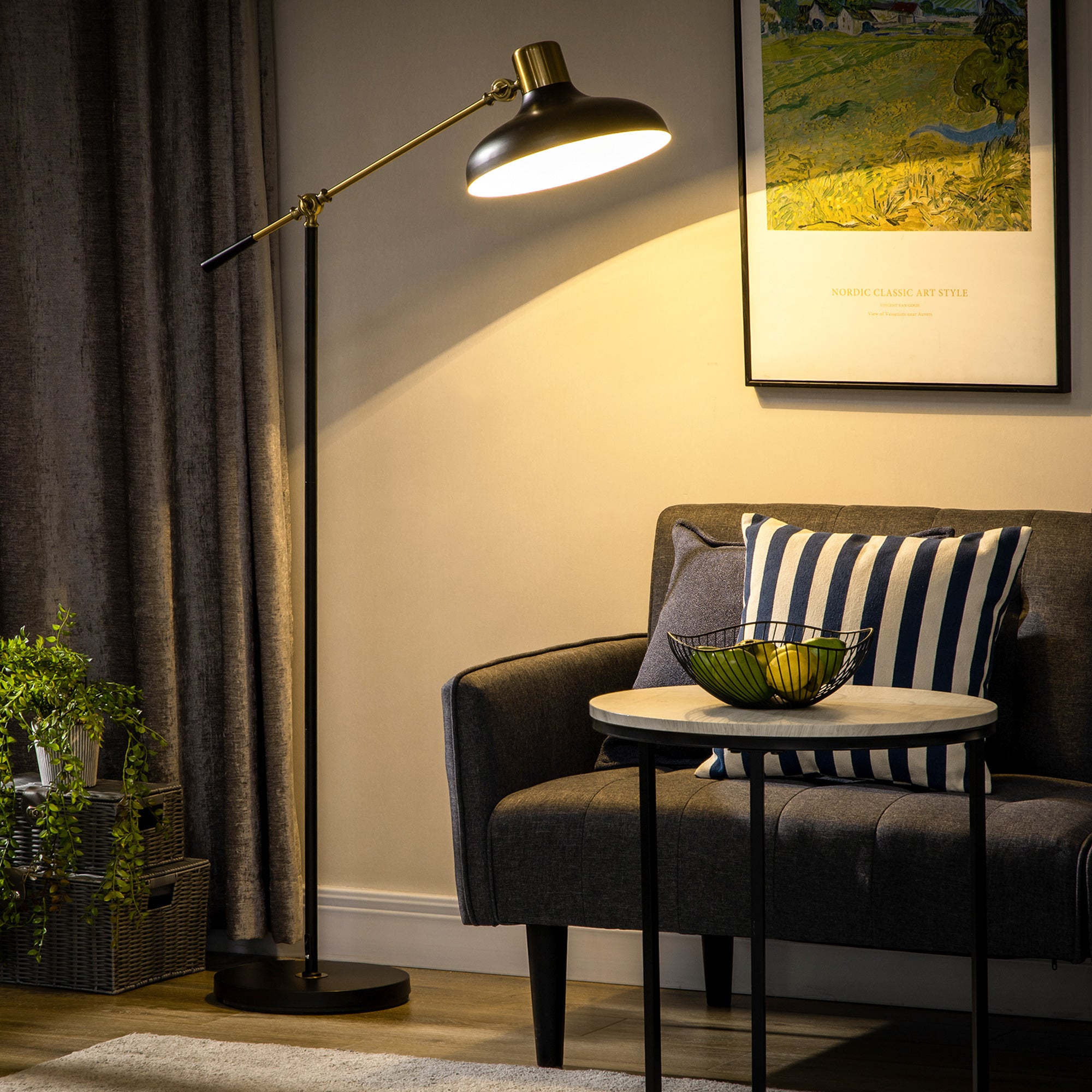 Living room with a floor lamp, sofa, and side table.