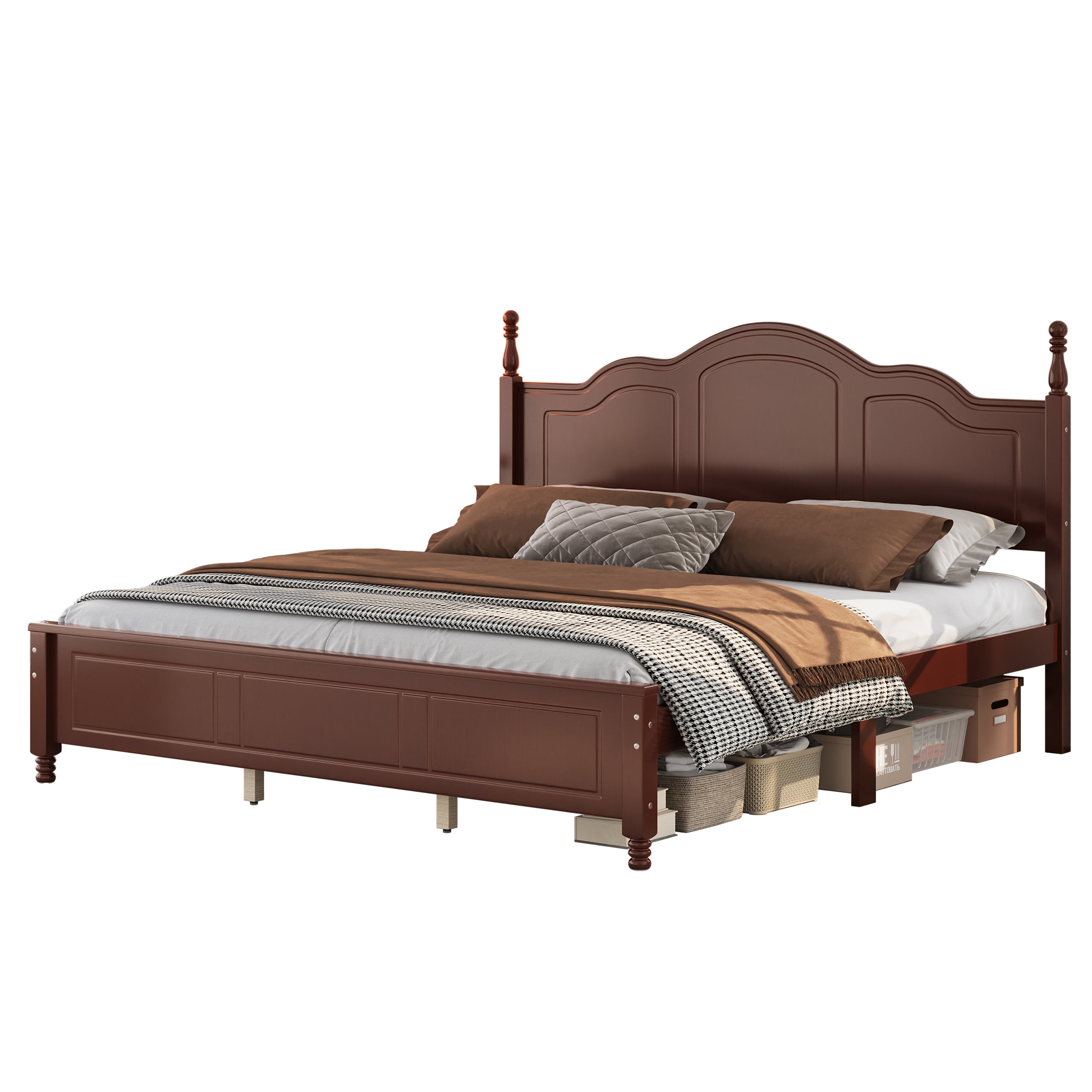 King Platform Bed Frame | Retro Wave Headboard, Wood Slats, 700 lb Capacity — Dark Walnut