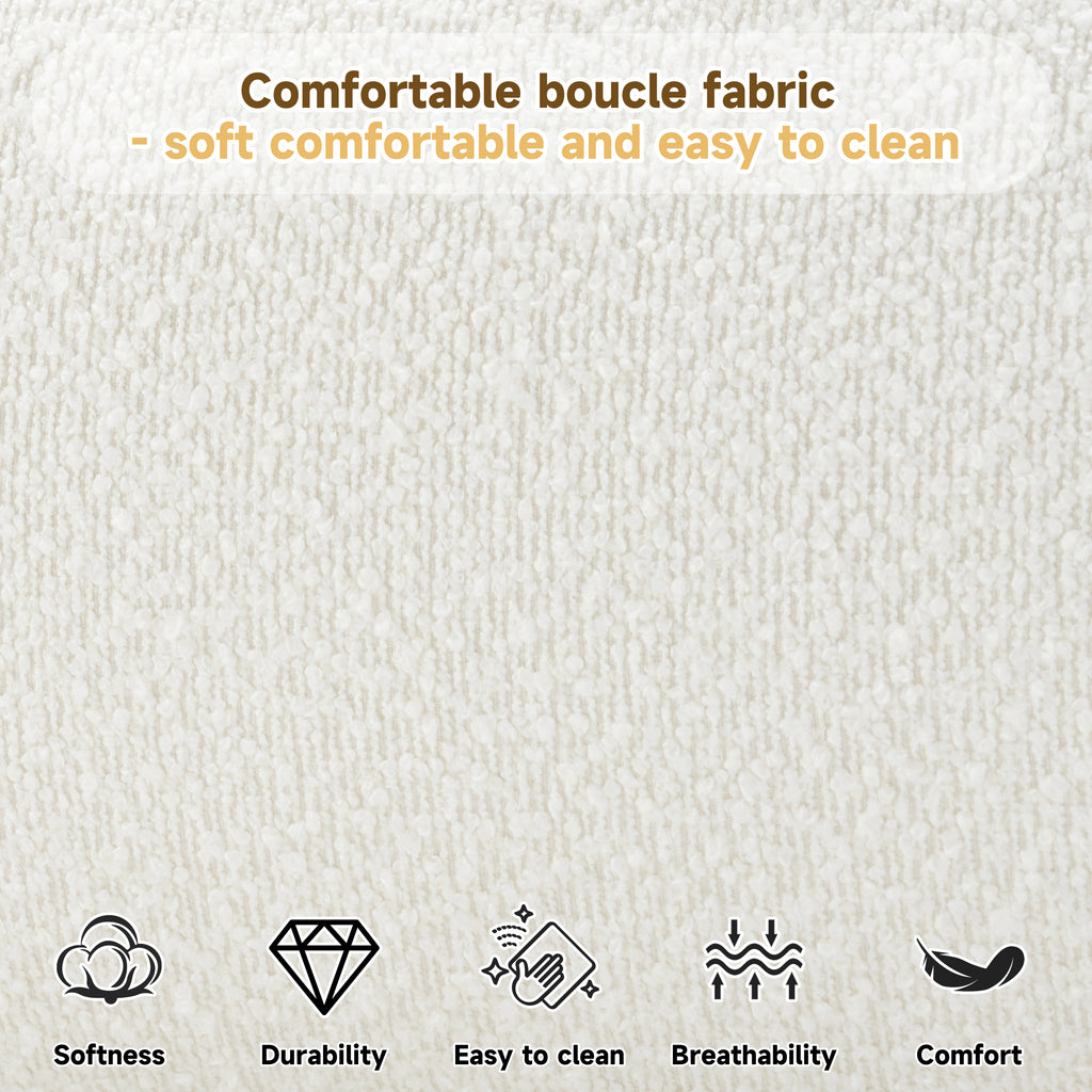Textured fabric background with text about comfortable boucle fabric